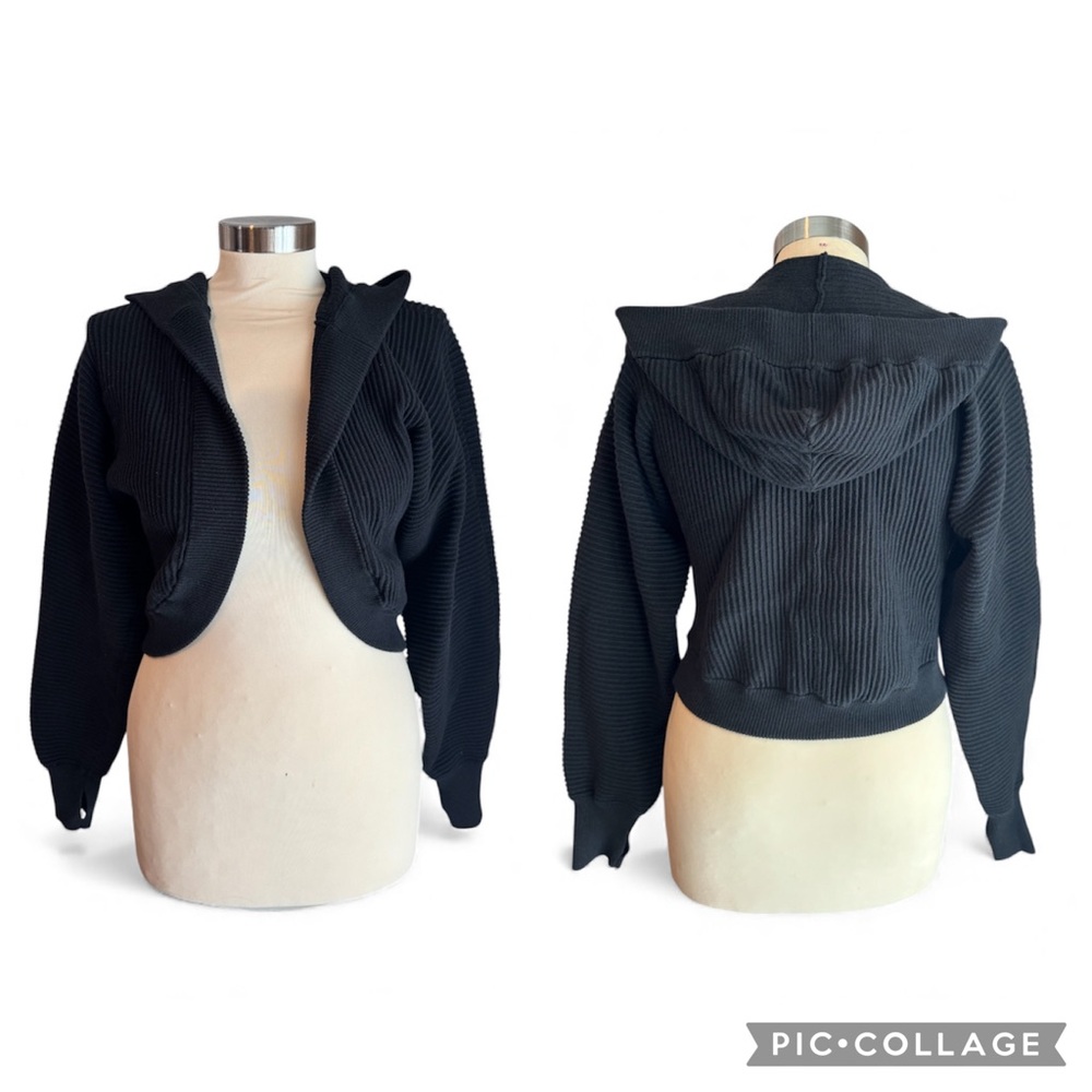 Offline By Aerie Black Knit Cropped Cardigan Hoodie